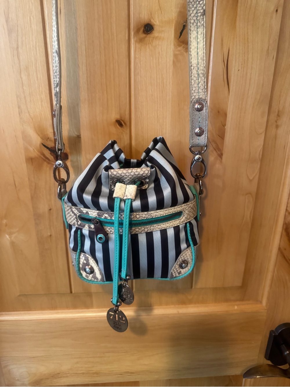 Henri Bendel Black & Silver stripes with Snake accents, turquoise trim Crossbody